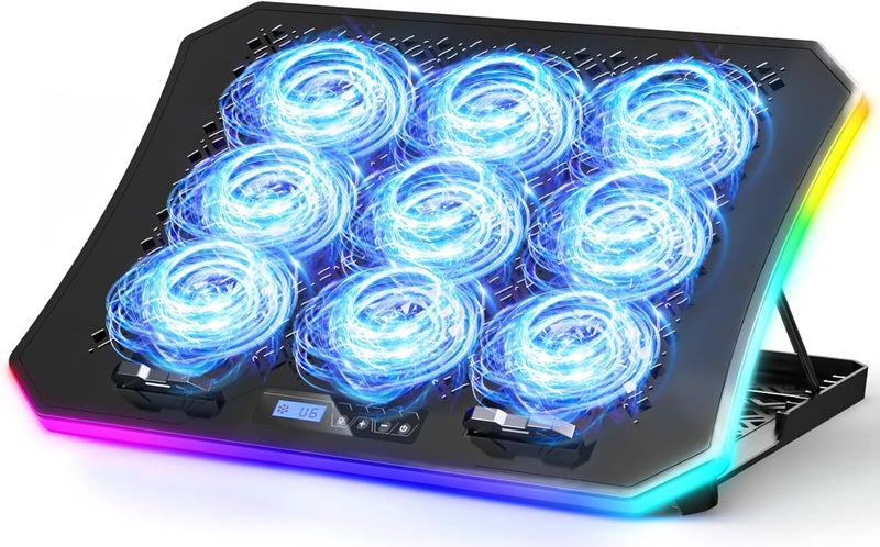 KeiBn Upgraded Gaming Laptop Cooler Pad with 9 Quiet RGB Fans, Cooling Pad for 15.6-17.3 Inch Laptops with 7 Height Stands, 2 USB Ports, Phone Stand-Blue - Image 1